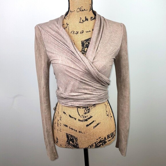 BCBGMaxAzria Waterfall Suede Open Front Drape Wrap Jacket  Heather Khaki Sz Xs - Picture 5 of 9